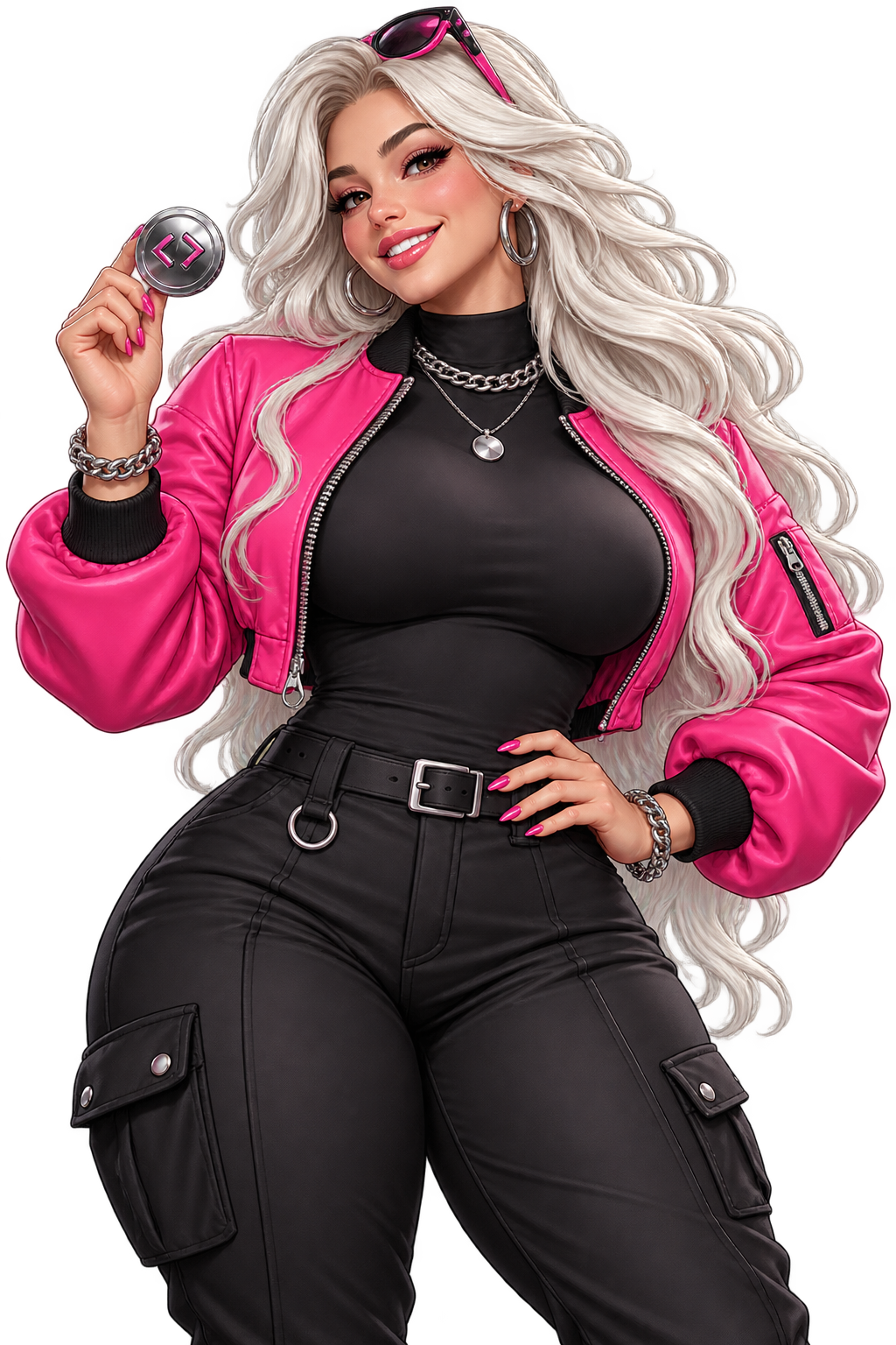Code Slingoor's adult platinum-haired mascot in a hot-pink jacket, holding a chrome code coin